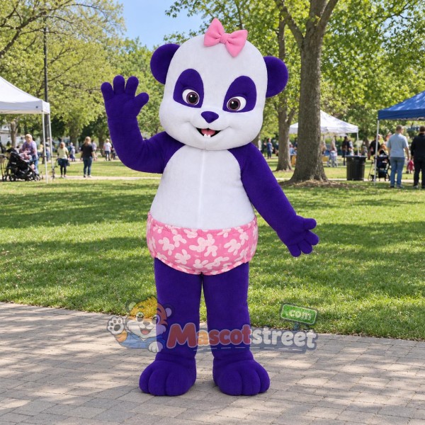 Purple and White Panda Mascot Costume with Pink Floral Shorts