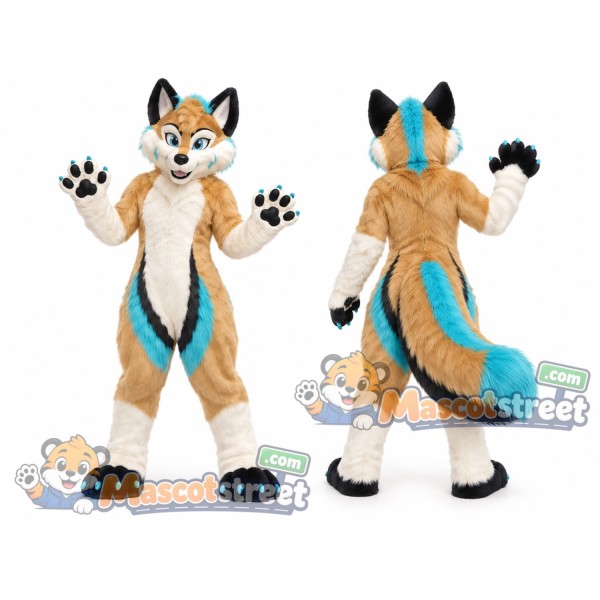 Tan Black and Teal Canine Mascot Costume