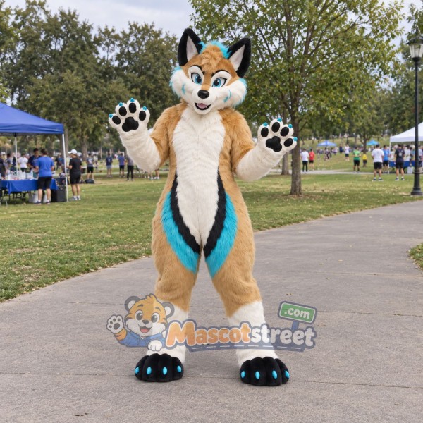 Tan Black and Teal Canine Mascot Costume