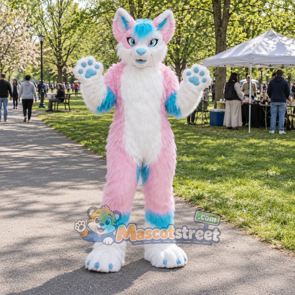 Pink White and Teal Canine Mascot Costume