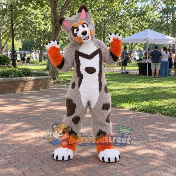 Gray Spotted Canine with Orange Paws Mascot Costume Gray Spotted Canine with Orange Paws Mascot Costume