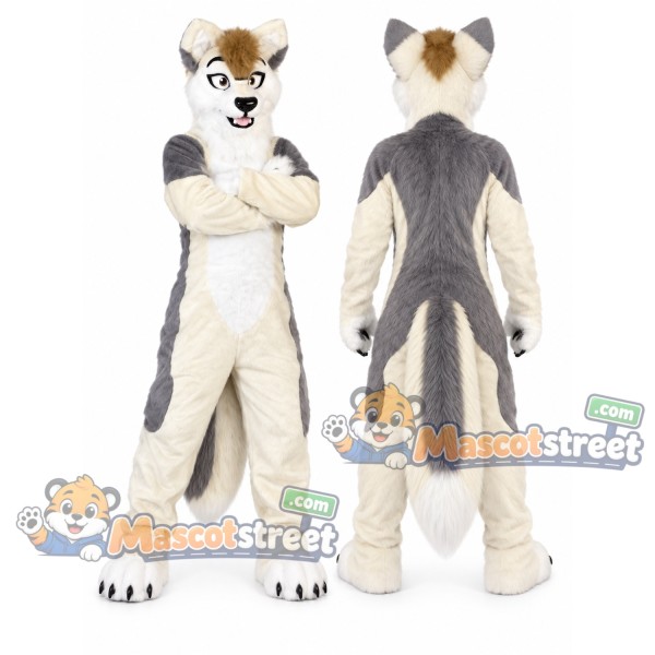 Cream and Gray Canine Mascot Costume