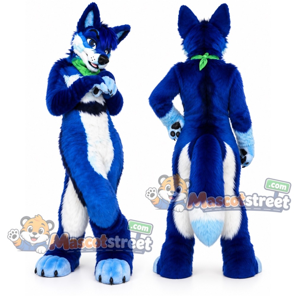 Blue and White Canine Mascot Costume with Green Neckerchief