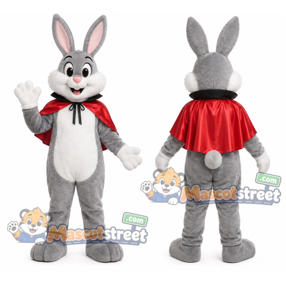 Gray Rabbit Mascot Costume with Red Cape
