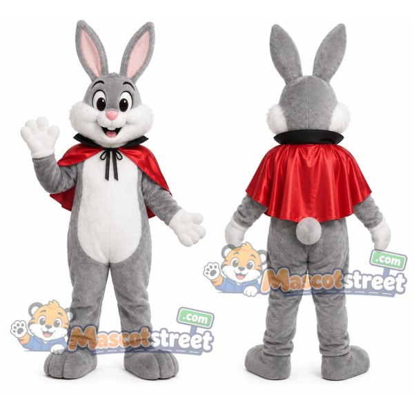 Gray Rabbit Mascot Costume with Red Cape