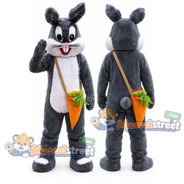 Gray Rabbit Mascot Costume with Carrot Shoulder Bag