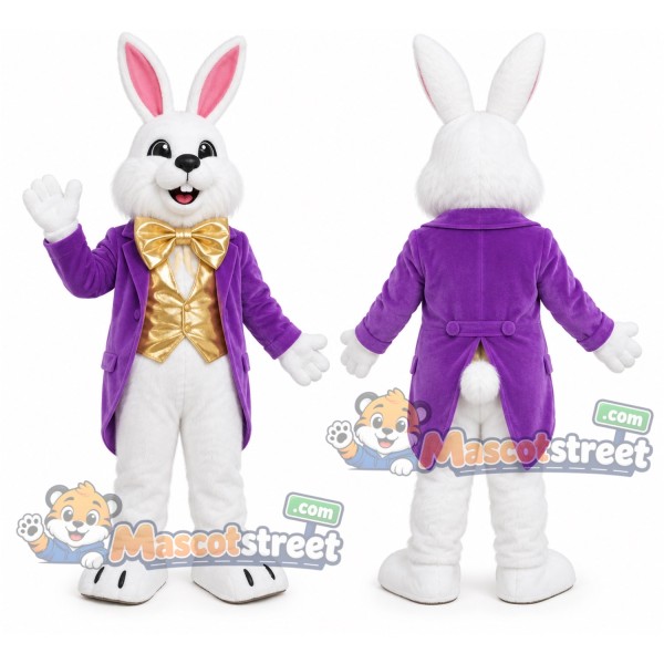 White Rabbit Mascot Costume with Purple Tailcoat and Gold Vest