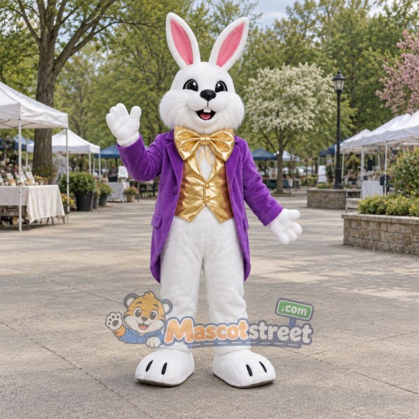 White Rabbit Mascot Costume with Purple Tailcoat and Gold Vest