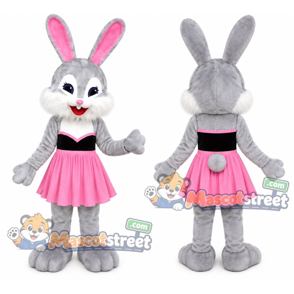 Gray Rabbit Mascot Costume with Pink Skirt and Black Top