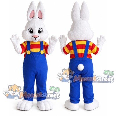 White Rabbit Mascot Costume with Blue Overalls and Striped Shirt White Rabbit Mascot Costume with Blue Overalls and Striped Shirt