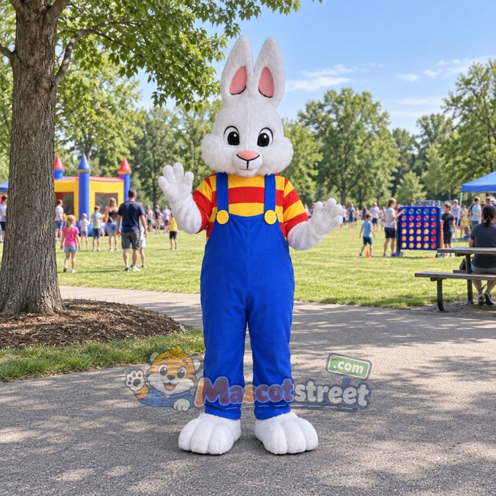 White Rabbit Mascot Costume with Blue Overalls and Striped Shirt White Rabbit Mascot Costume with Blue Overalls and Striped Shirt
