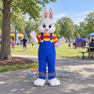 White Rabbit Mascot Costume with Blue Overalls and Striped Shirt White Rabbit Mascot Costume with Blue Overalls and Striped Shirt