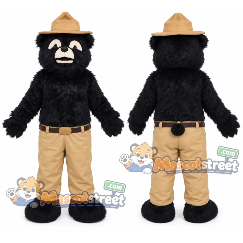 Black Bear Ranger Mascot Costume with Beige Pants and Ranger Hat Black Bear Ranger Mascot Costume with Beige Pants and Ranger Hat