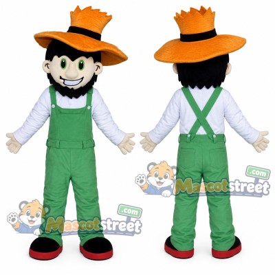 Farmer Mascot Costume with Green Overalls, White Shirt and Orange Hat Farmer Mascot Costume with Green Overalls, White Shirt and Orange Hat