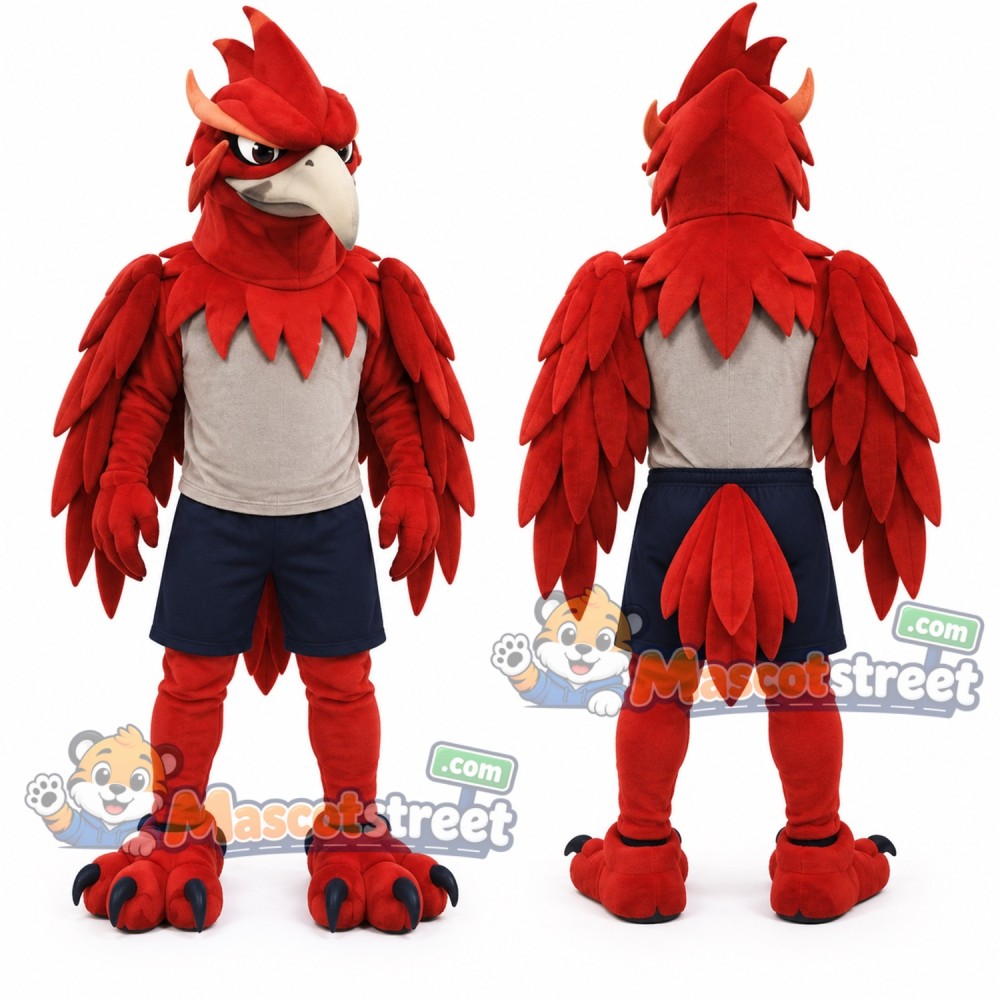 Red Phoenix Mascot Costume with Gray Shirt and Navy Shorts Red Phoenix Mascot Costume with Gray Shirt and Navy Shorts