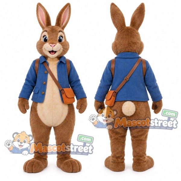 Brown Rabbit Mascot Costume with Blue Jacket and Orange Shoulder Bag