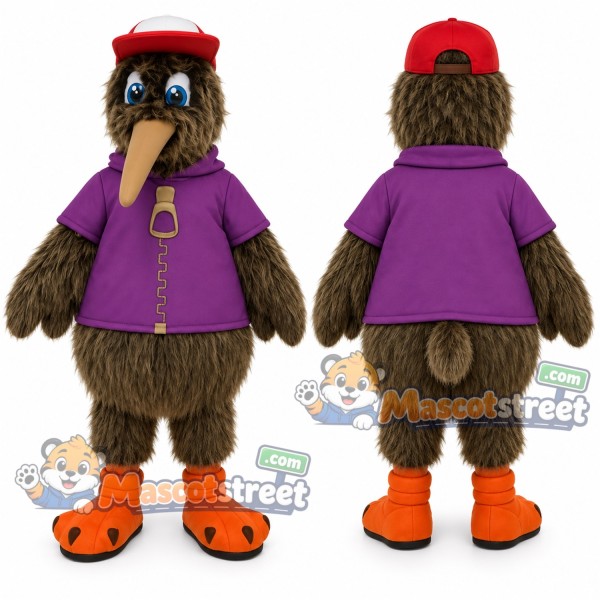 Brown Kiwi Bird Mascot Costume with Purple Shirt and Red Cap