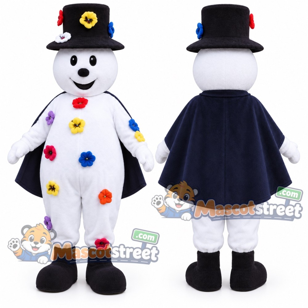 Snowman Mascot Costume with Navy Cape and Black Top Hat Snowman Mascot Costume with Navy Cape and Black Top Hat
