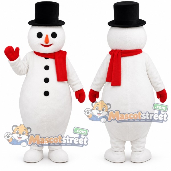 Snowman Mascot Costume with Red Scarf and Black Top Hat