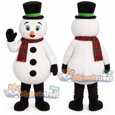Snowman Mascot Costume with Plaid Scarf and Black Top Hat