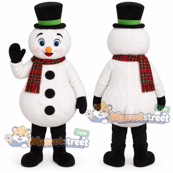 Snowman Mascot Costume with Plaid Scarf and Black Top Hat