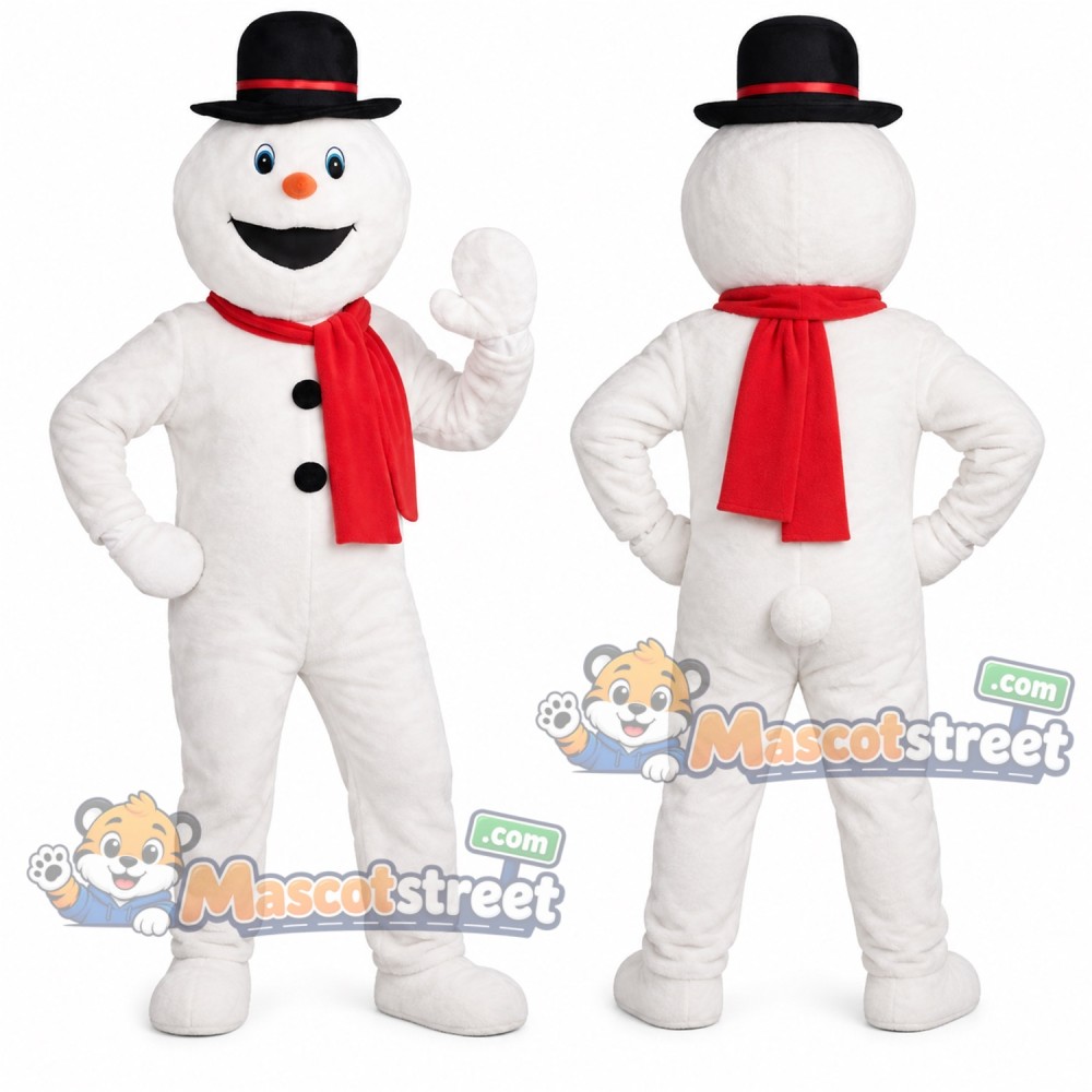 Snowman Mascot Costume with Red Scarf and Black Bowler Hat
