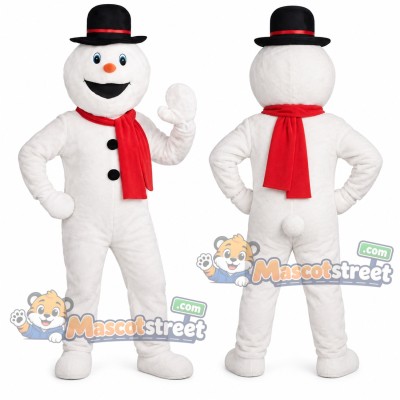 Snowman Mascot Costume with Red Scarf and Black Bowler Hat
