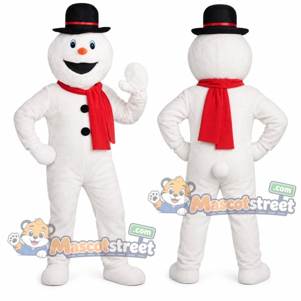Snowman Mascot Costume with Red Scarf and Black Bowler Hat