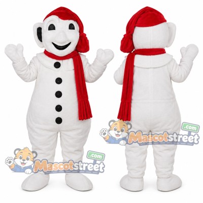 Snowman Mascot Costume with Red Scarf and Santa Hat