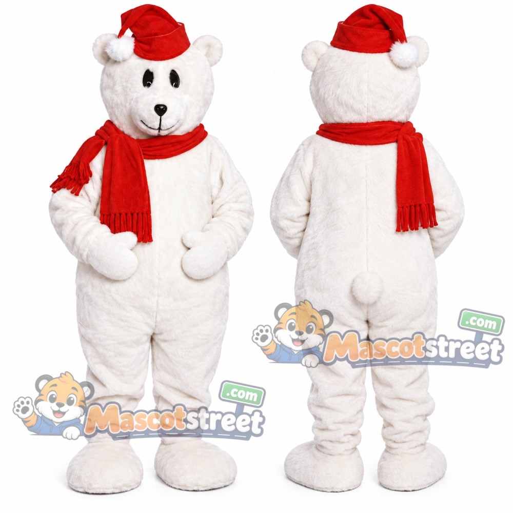 White Polar Bear Mascot Costume with Santa Hat and Red Scarf White Polar Bear Mascot Costume with Santa Hat and Red Scarf