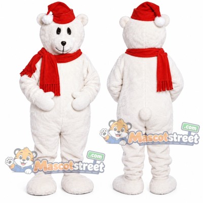 White Polar Bear Mascot Costume with Santa Hat and Red Scarf White Polar Bear Mascot Costume with Santa Hat and Red Scarf
