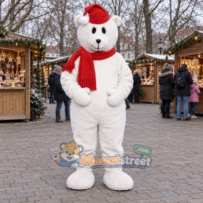 White Polar Bear Mascot Costume with Santa Hat and Red Scarf White Polar Bear Mascot Costume with Santa Hat and Red Scarf