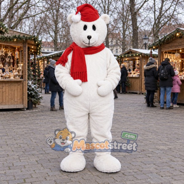 White Polar Bear Mascot Costume with Santa Hat and Red Scarf