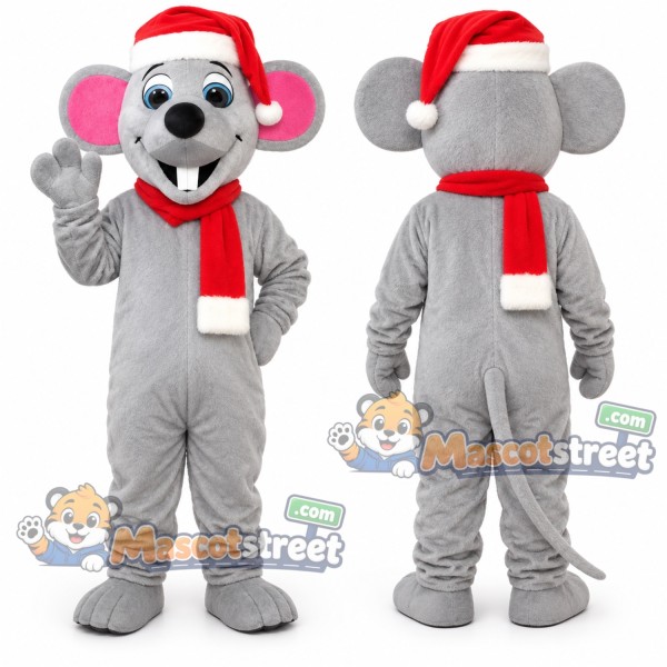 Gray Mouse Mascot Costume with Santa Hat and Red Scarf