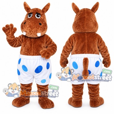 Brown Hippopotamus Mascot Costume with White Polka Dot Shorts Brown Hippopotamus Mascot Costume with White Polka Dot Shorts