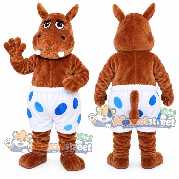 Brown Hippopotamus Mascot Costume with White Polka Dot Shorts
