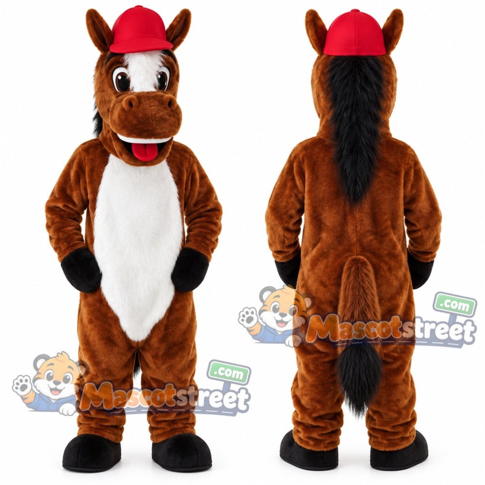 Brown Horse Mascot Costume with Red Cap