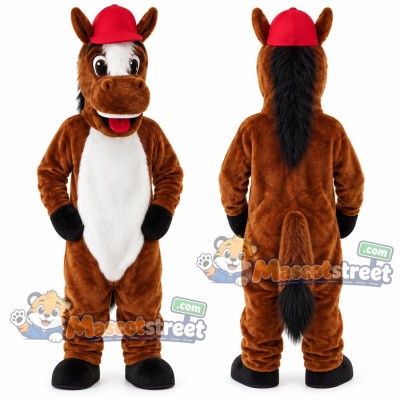 Brown Horse Mascot Costume with Red Cap