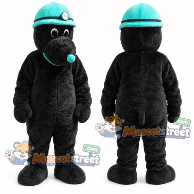 Black Mole Mascot Costume with Teal Hard Hat Black Mole Mascot Costume with Teal Hard Hat