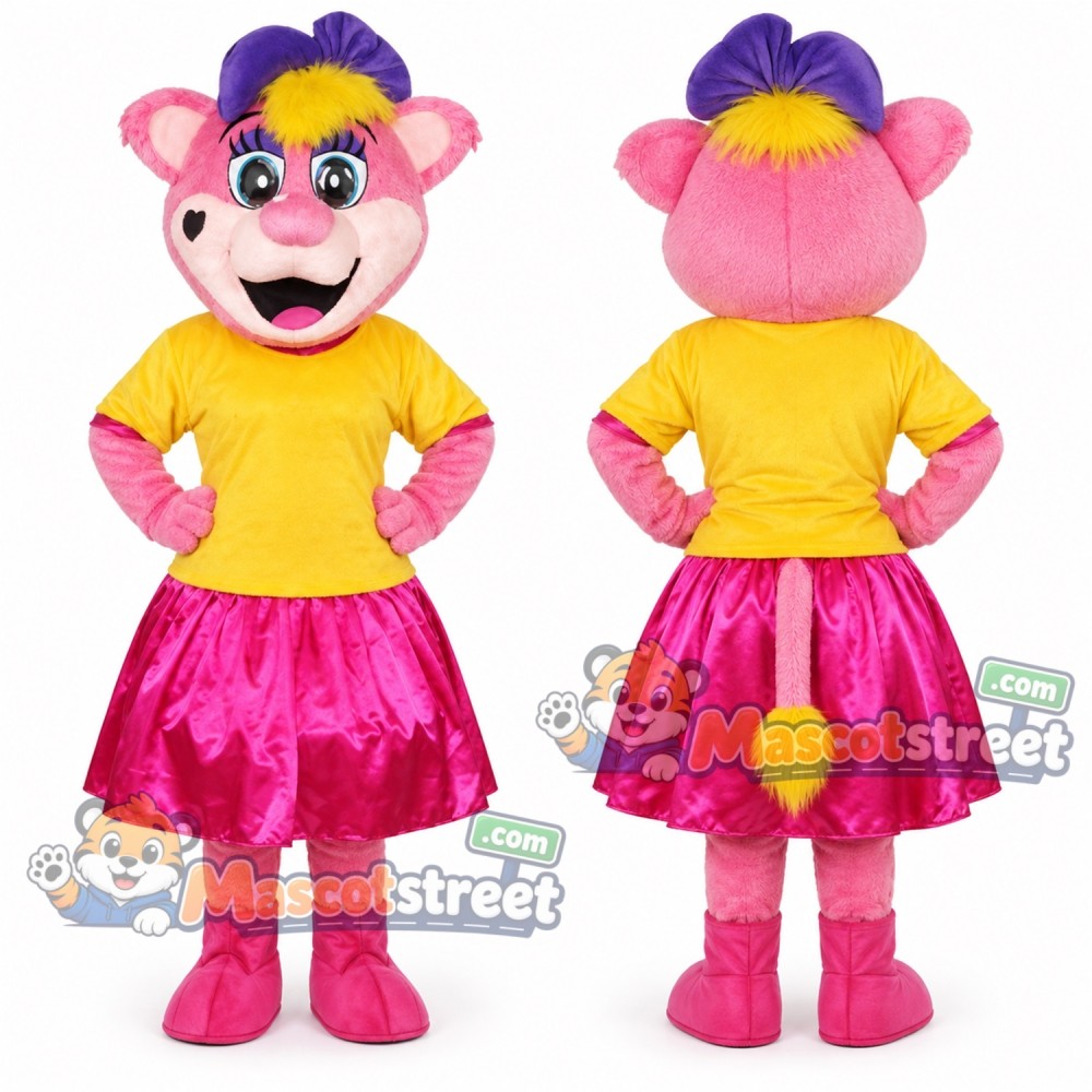 Pink Lioness Mascot Costume with Yellow Shirt, Pink Skirt and Cap Pink Lioness Mascot Costume with Yellow Shirt, Pink Skirt and Cap