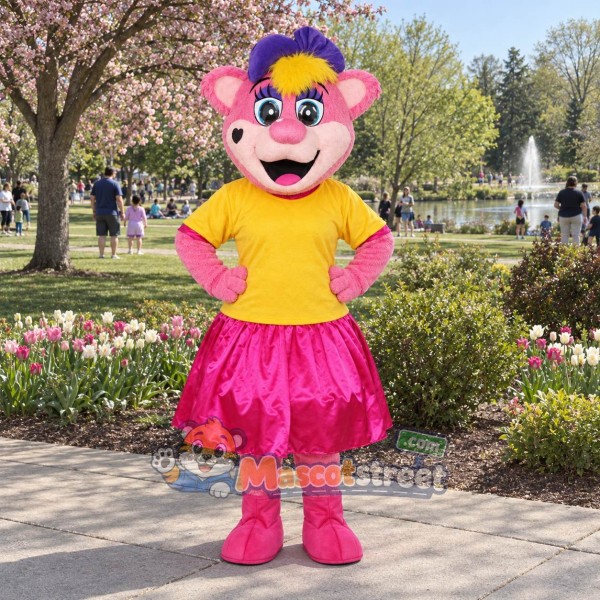 Pink Lioness Mascot Costume with Yellow Shirt, Pink Skirt and Cap