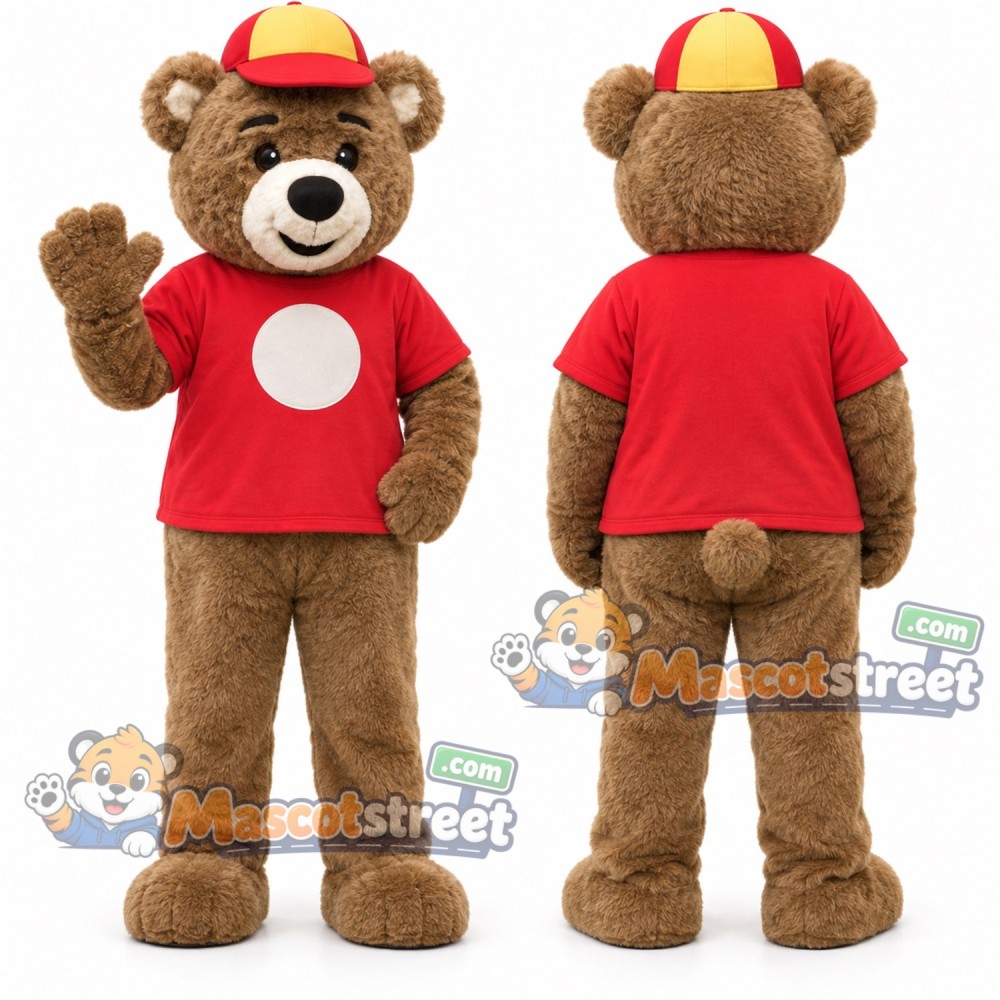 Brown Bear Mascot Costume with Red Shirt and Multicolor Cap