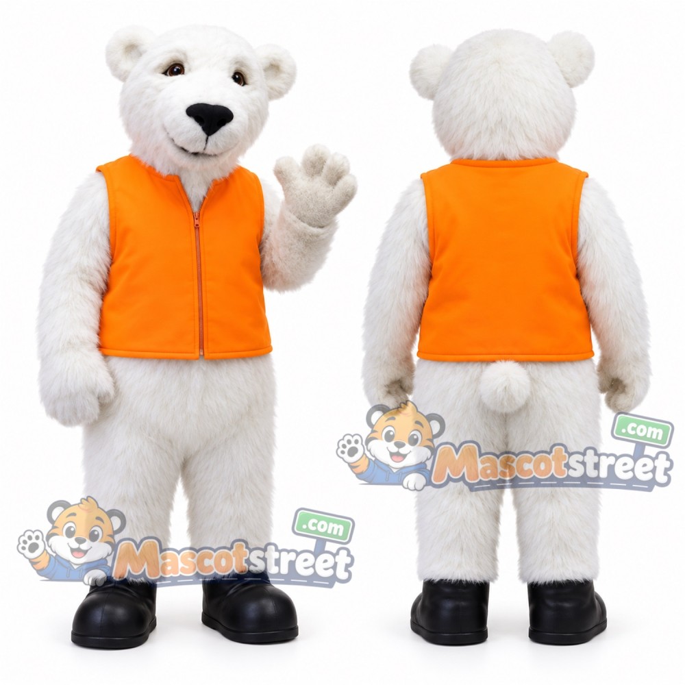 White Polar Bear Mascot Costume with Orange Vest White Polar Bear Mascot Costume with Orange Vest