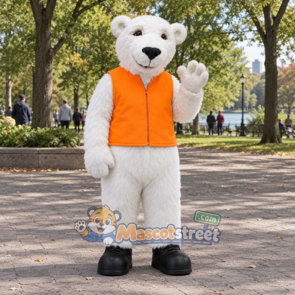 White Polar Bear Mascot Costume with Orange Vest White Polar Bear Mascot Costume with Orange Vest