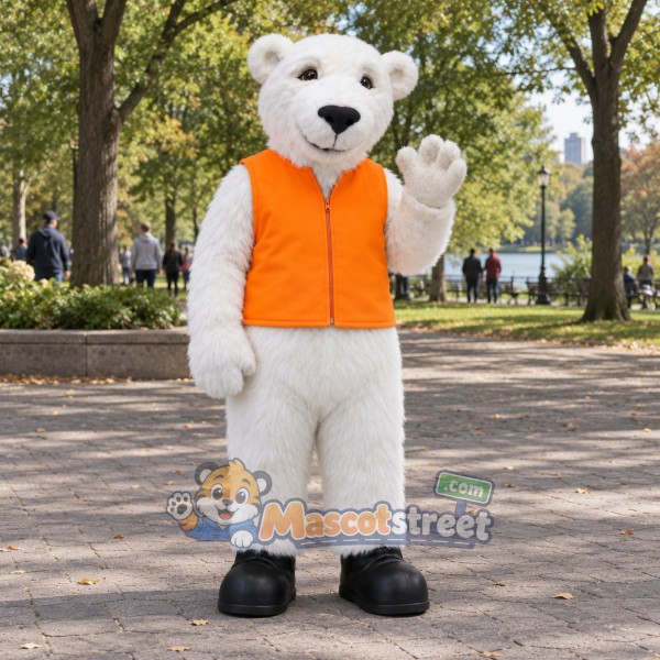 White Polar Bear Mascot Costume with Orange Vest