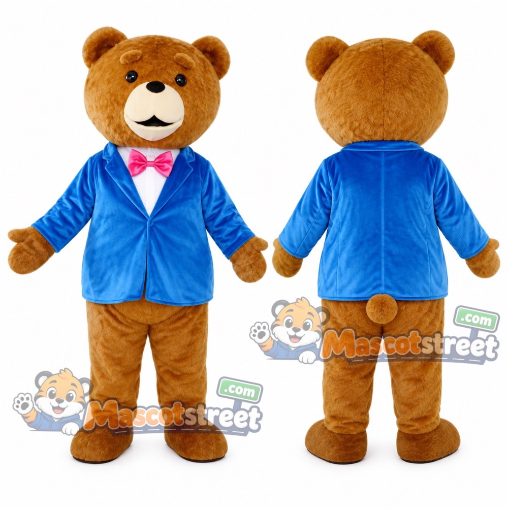 Brown Bear Mascot Costume with Blue Jacket and Pink Bow Tie