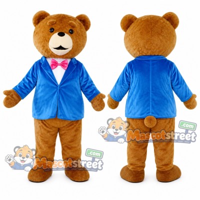 Brown Bear Mascot Costume with Blue Jacket and Pink Bow Tie