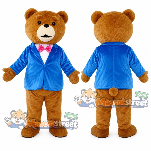 Brown Bear Mascot Costume with Blue Jacket and Pink Bow Tie