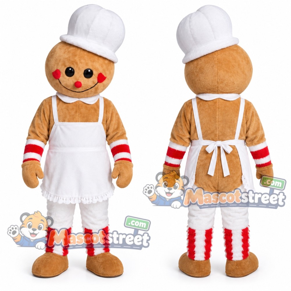 Gingerbread Man Chef Mascot Costume with White Apron and Chef Hat