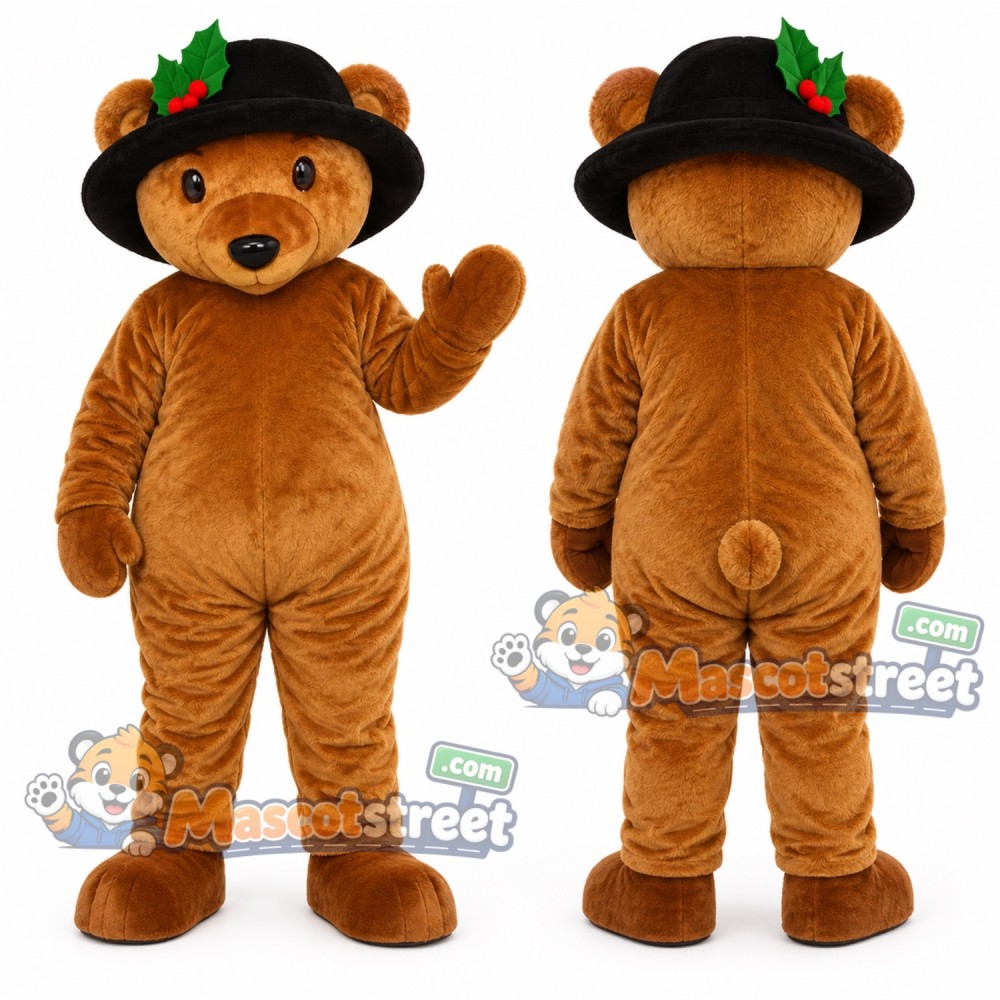 Brown Bear Mascot Costume with Black Hat Brown Bear Mascot Costume with Black Hat
